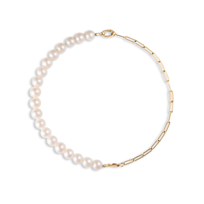 Half gold paper clip chain half pearls necklace