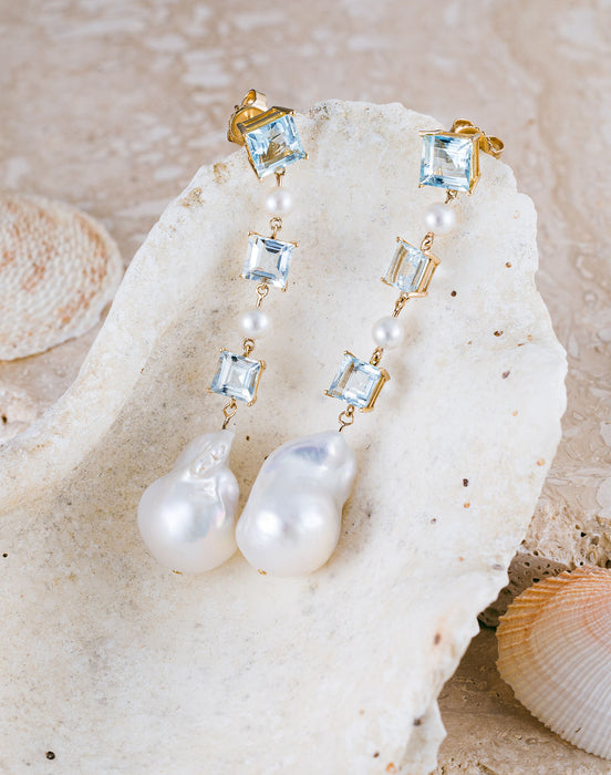 14 K,Aquamarine, Freshwater Baroque  and Akoya Pearl earrings.