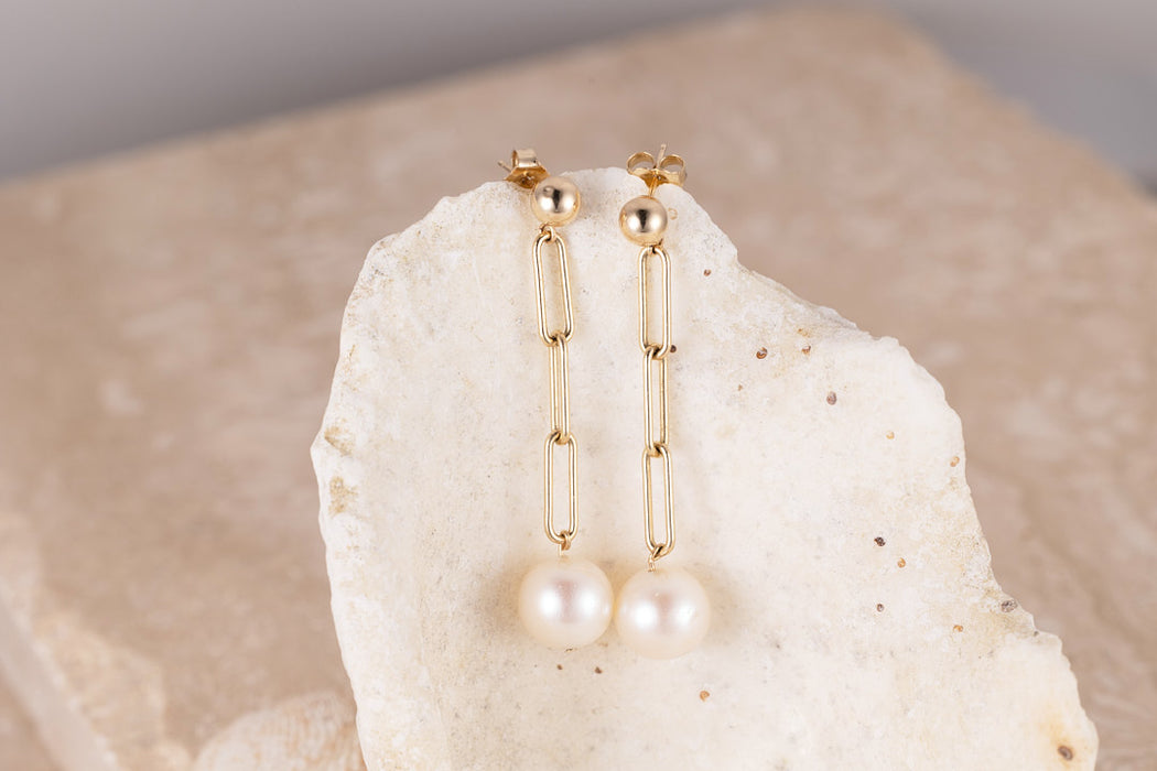 14 k Gold Paperclip Chain Drop Pearl Earrings