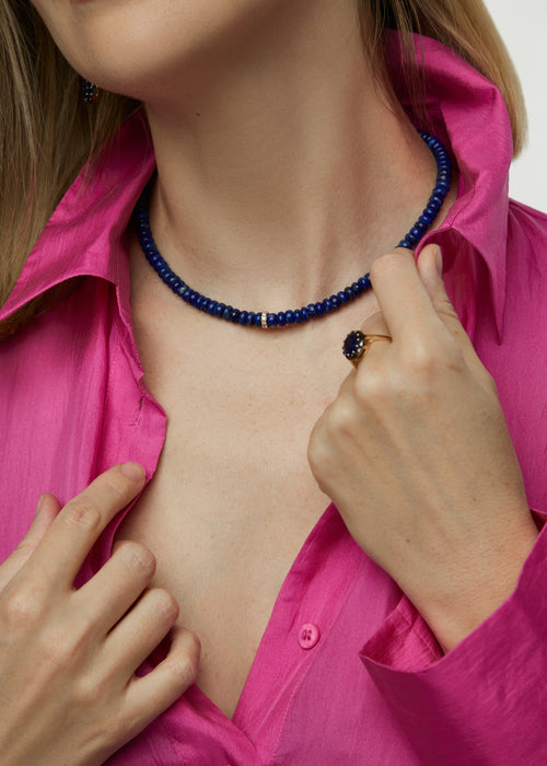 Gold & Diamond Lapis Beaded Necklace