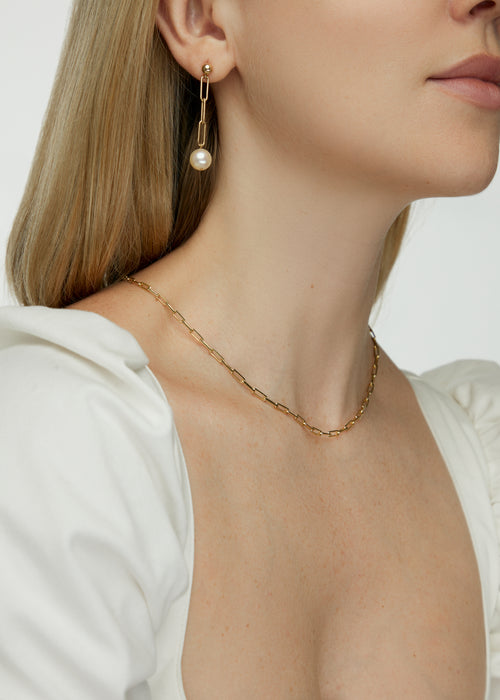 14 k Gold Paperclip Chain Drop Pearl Earrings